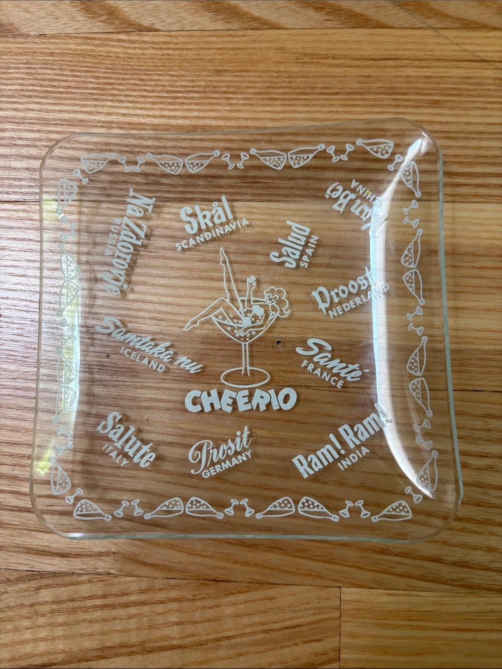 MCM Vintage Glass Trinket Dish with White Cocktail Cheers Prost Salud Skål Bar